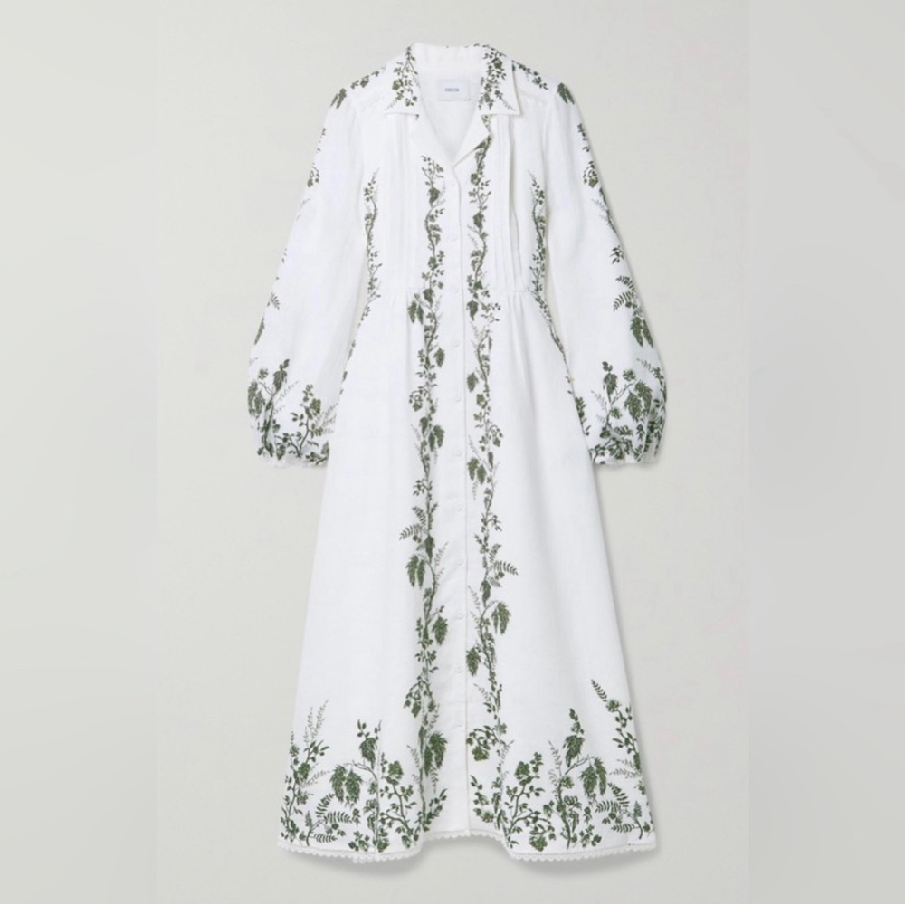 Erdem Women's White Kendrick Pintucked Floral-print Linen Midi Dress